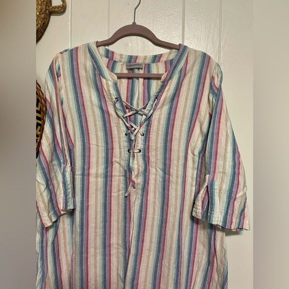 Catherine's Women's Multicolored Striped Lace Up Linen Blend Blouse Sz 1X - Picture 3 of 6